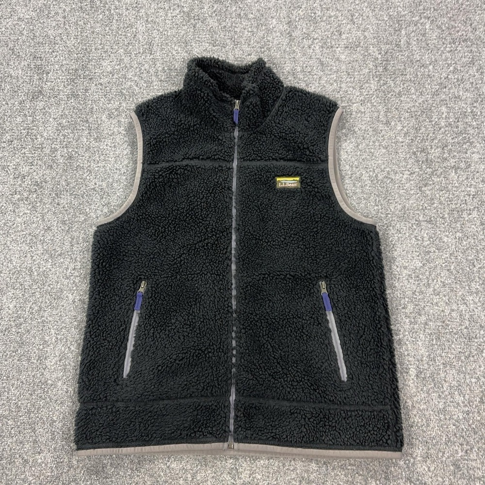 LL Bean Vest Mens Medium Black Sherpa Fleece Full Zip Pockets Outdoor Warm